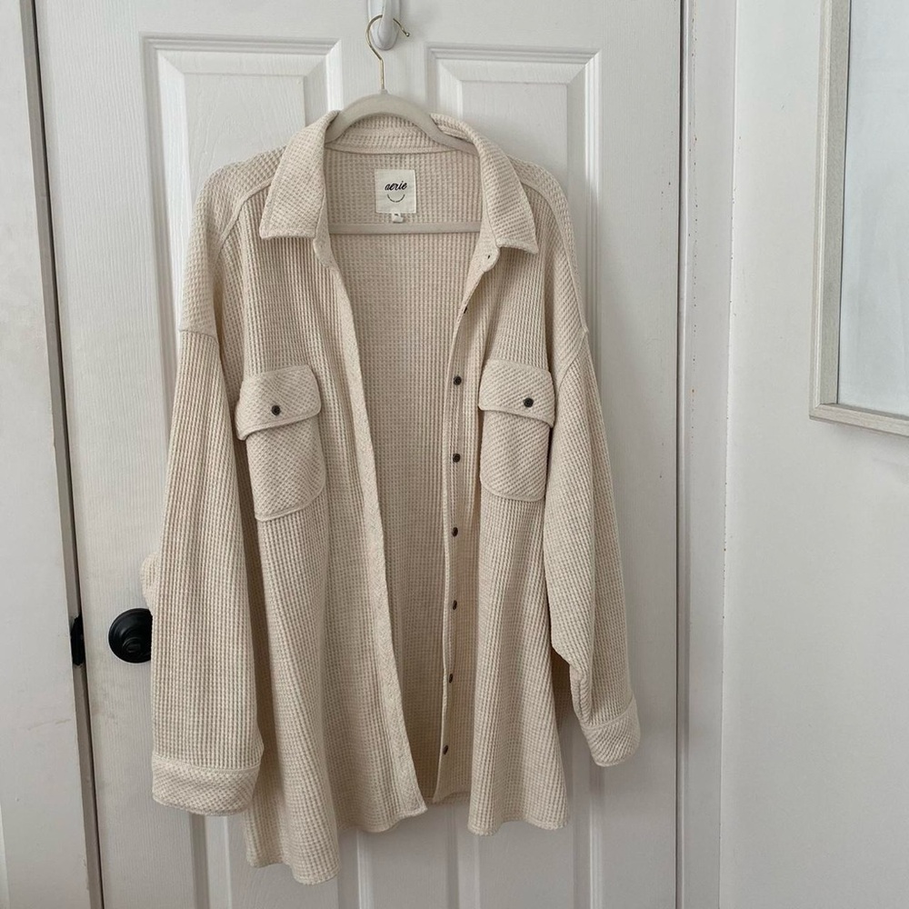 Aerie Cream Waffle Knit Button Jacket